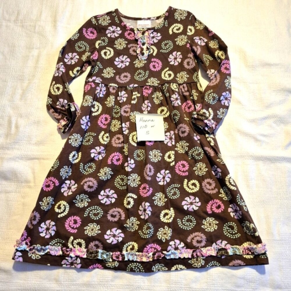 Hanna Andersson girls size 110 or 5 brown dress with multi colored flower design